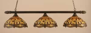 Round 3 Light Billiard Light Shown In Dark Granite Finish With 16" Amber Dragonfly Tiffany Glass