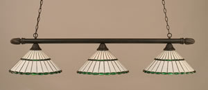 Round 3 Light Billiard Light Shown In Dark Granite Finish With 15.5" Honey Glass & Green Jewels Tiffany Glass