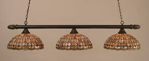 Round 3 Light Billiard Light Shown In Dark Granite Finish With 15" Rosetta Tiffany Glass