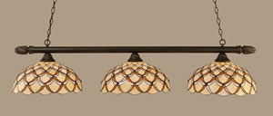 Round 3 Light Billiard Light Shown In Dark Granite Finish With 16" Honey & Brown Scallop Tiffany Glass