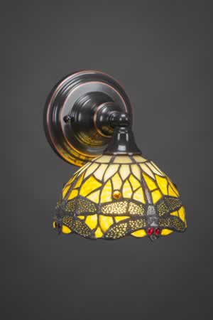 Wall Sconce Shown In Black Copper Finish With 7" Amber Dragonfly Tiffany Glass