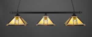 Square 3 Light Bar With Square Fitters Shown In Matte Black Finish With 14" Santa Cruz Tiffany Glass