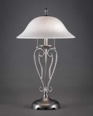 Olde Iron Table Lamp Shown In Brushed Nickel With 16" Cayenne Linen Glass