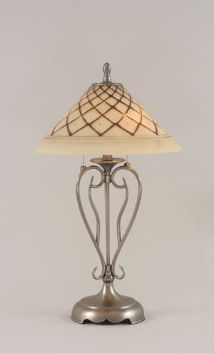 Olde Iron Table Lamp Shown In Brushed Nickel With 16" Chocolate Icing Glass
