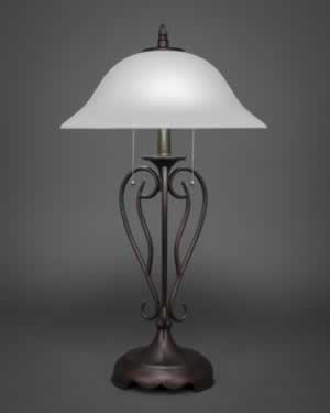 Olde Iron Table Lamp Shown In Bronze Finish With 16" White Linen Glass