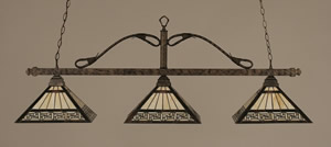 Scroll 3 Light Billiard Light Shown In Bronze Finish With 14" Greek Key Tiffany Glass