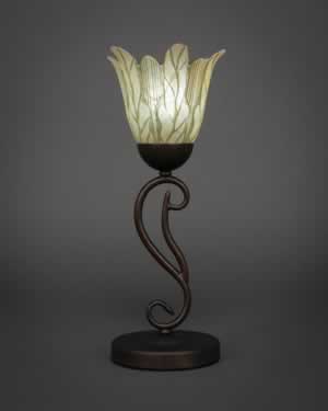 Olde Iron Mini Table Lamp Shown In Bronze Finish With 7" Vanilla Leaf Glass