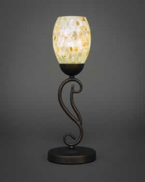 Olde Iron Mini Table Lamp Shown In Bronze Finish With 5" Ivory Glaze Seashell Glass