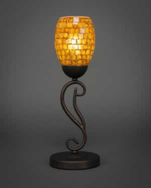 Olde Iron Mini Table Lamp Shown In Bronze Finish With 5" Copper Mosaic Glass