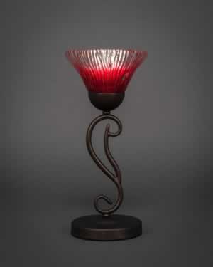 Olde Iron Mini Table Lamp Shown in Bronze Finish With 7” Raspberry Crystal Glass
