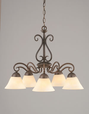 Olde Iron 5 Light Chandelier Shown In Bronze Finish With 7" Amber Marble Glass