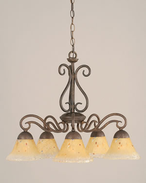 Olde Iron 5 Light Chandelier Shown In Bronze Finish With 7" Amber Crystal Glass