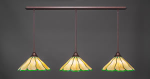 3 Light Multi Light Pendant With Hang Straight Swivels Shown In Bronze Finish With 16" Honey & Hunter Green Flair Tiffany Glass