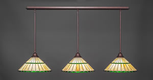 3 Light Multi Light Pendant With Hang Straight Swivels Shown In Bronze Finish With 15.5" Honey Glass & Green Jewels Tiffany Glass