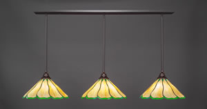 3 Light Multi Light Pendant With Hang Straight Swivels Shown In Dark Granite Finish With 16" Honey & Hunter Green Flair Tiffany Glass
