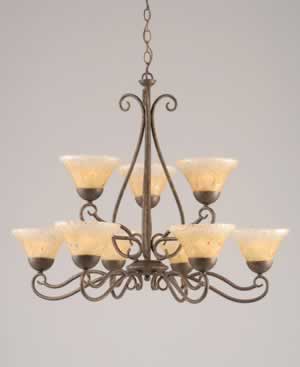 Olde Iron 9 Light Chandelier Shown In Bronze Finish With 7" Amber Crystal Glass