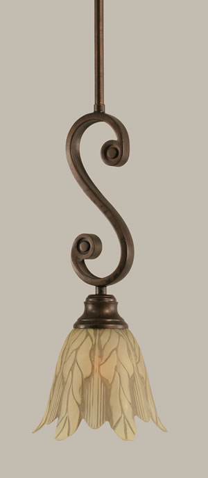 Curl Mini Pendant Shown In Bronze Finish With 7" Vanilla Leaf Glass