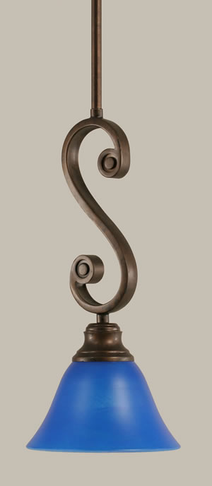 Curl Mini Pendant Shown In Bronze Finish With 7" Blue Italian Glass