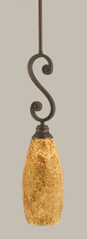 Curl Mini Pendant Shown In Bronze Finish With 5.5" Gold Fusion Glass