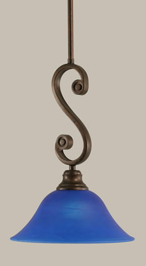 Curl Mini Pendant Shown In Bronze Finish With 10" Blue Italian Glass