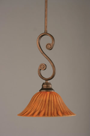 Curl Mini Pendant With Hang Straight Swivel Shown In Bronze Finish With 10" Tiger Glass