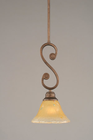 Curl Mini Pendant With Hang Straight Swivel Shown In Bronze Finish With 7" Amber Crystal Glass