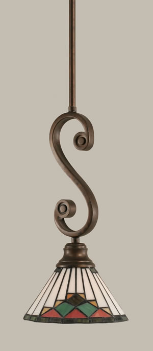 Curl Mini Pendant Shown In Bronze Finish With 7" Green Sunray Tiffany Glass