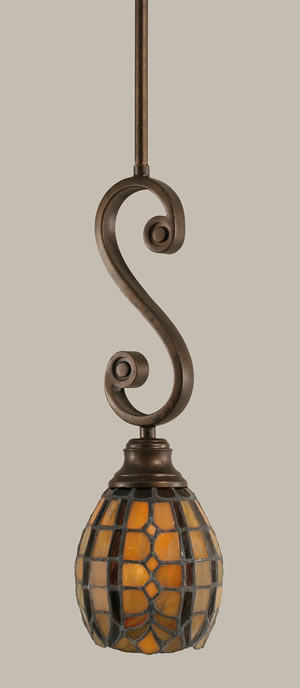 Curl Mini Pendant Shown In Bronze Finish With 5.5" Paradise Tiffany Glass