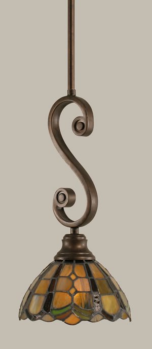 Curl Mini Pendant Shown In Bronze Finish With 7" Paradise Tiffany Glass
