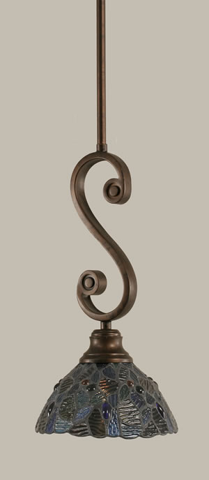 Curl Mini Pendant Shown In Bronze Finish With 7" Blue Mosaic Tiffany Glass