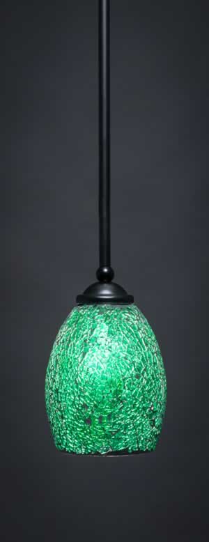 Zilo 1 Light Mini Pendant Shown In Matte Black Finish With 5" Green Fusion Glass