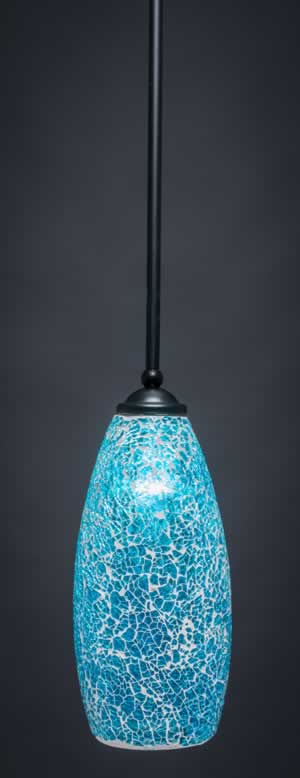 Zilo 1 Light Mini Pendant Shown In Matte Black Finish With 5.5" Turquoise Fusion Glass