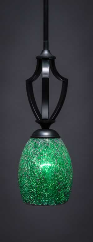 Zilo 1 Light Mini Pendant Shown In Matte Black Finish With 5" Green Fusion Glass