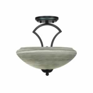 Zilo Semi Flush With 2 Bulbs Shown In Matte Black Finish With 14" Zilo Gray Linen Glass