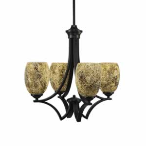 Zilo 4 Light Chandelier Shown In Matte Black Finish With 5" Gold Fusion Ice Glass