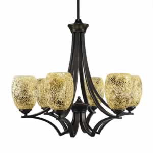 Zilo 6 Light Chandelier Shown In Dark Granite Finish With 5" Gold Fusion Glass