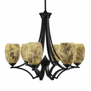Zilo 6 Light Chandelier Shown In Matte Black Finish With 5" Gold Fusion Glass