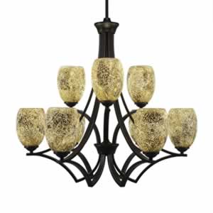 Zilo 9 Light Chandelier Shown In Dark Granite Finish With 5" Gold Fusion Glass