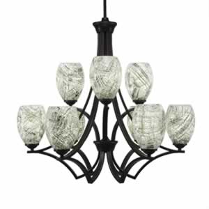 Zilo 9 Light Chandelier Shown In Dark Granite Finish With 5" Natural Fusion Glass