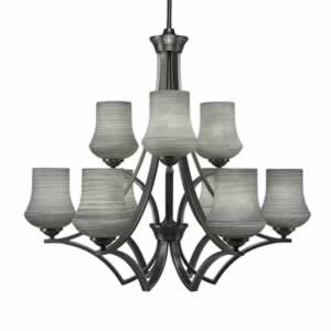 Zilo 9 Light Chandelier Shown In Matte Black Finish With 5.5"  Zilo Gray Linen Glass