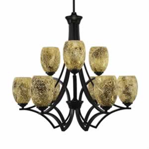 Zilo 9 Light Chandelier Shown In Matte Black Finish With 5" Gold Fusion Glass