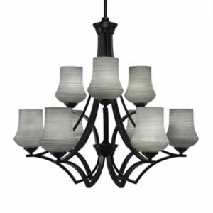 Zilo 9 Light Chandelier Shown In Matte Black Finish With 5.5" Zilo Gray Linen Glass