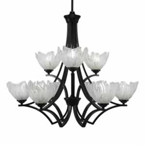 Zilo 9 Light Chandelier Shown In Matte Black Finish With 7" Italian Ice Glass