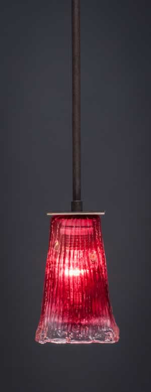 Apollo Stem Mini Pendant With Hang Straight Swivel Shown In Dark Granite Finish With 5" Square Raspberry Crystal Glass