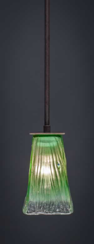 Apollo Stem Mini Pendant With Hang Straight Swivel Shown In Dark Granite Finish With 5" Square Kiwi Green Crystal Glass