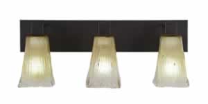 Apollo 3 Light Bath Bar Shown In Dark Granite Finish With 5" Square Amber Crystal Glass