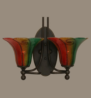 Capri 2 Light Wall Sconce Shown In Bronze Finish With 8" Mardi Gras Glass