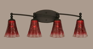 Capri 4 Light Bath Bar Shown In Dark Granite Finish With 5.5" Raspberry Crystal Glass