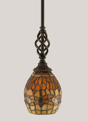 Eleganté Mini Pendant Shown In Dark Granite Finish With 5.5" Amber Dragonfly Tiffany Glass