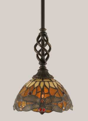 Eleganté Mini Pendant Shown In Dark Granite Finish With 7" Amber Dragonfly Tiffany Glass